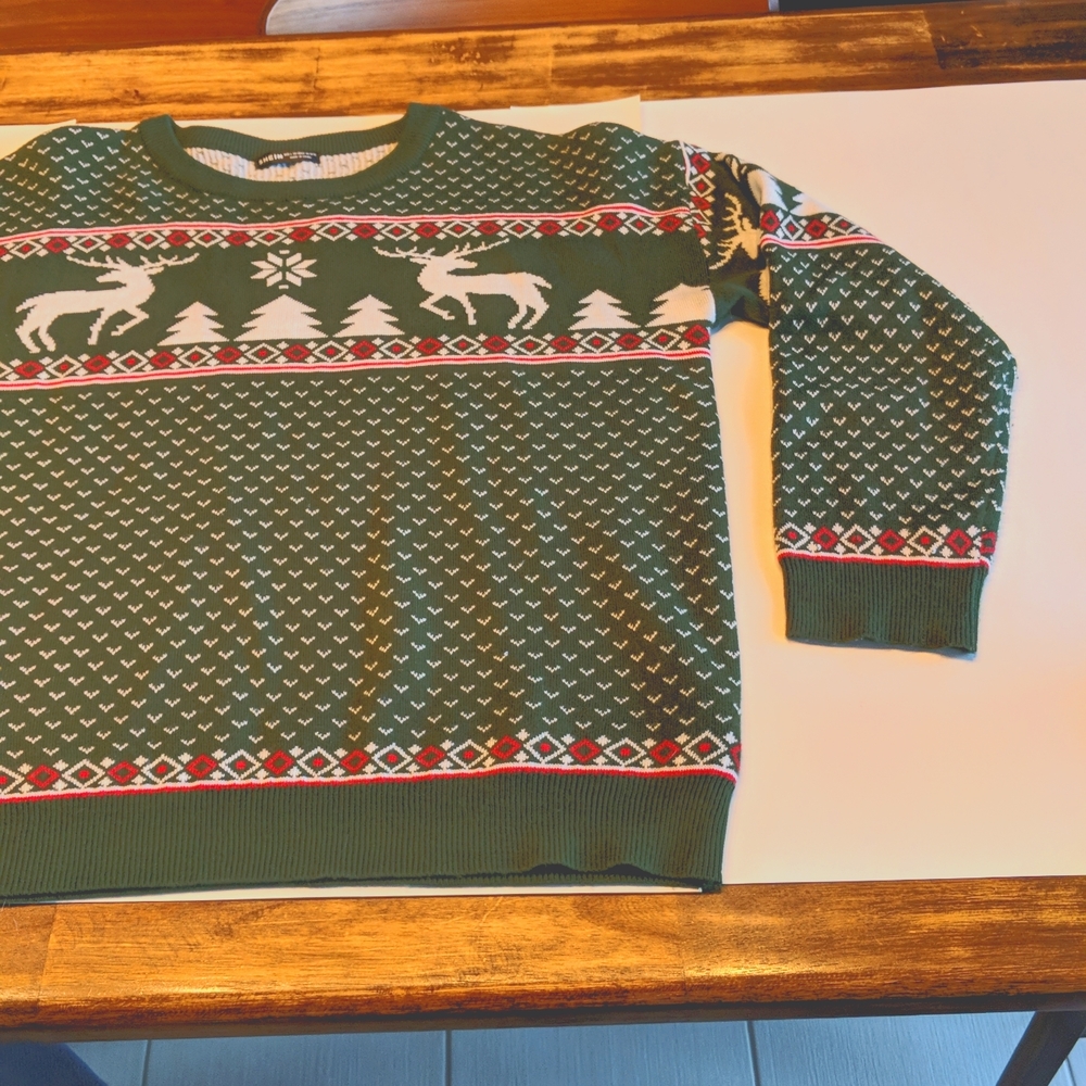Stein Men's Ugly Christmas Sweater. Green with deer and tree design size L